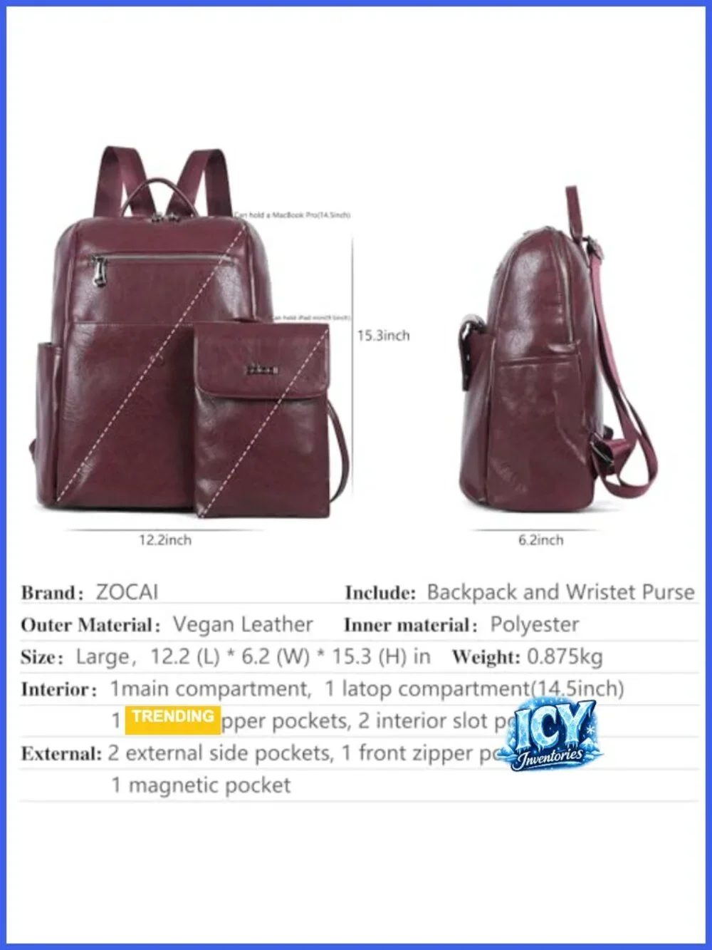 Vegan Leather Backpack Purse with Adjustable Straps Medium Size